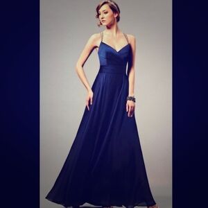 Belsoie L164010 Elegant Navy Blue Evening Gown With strap Detail